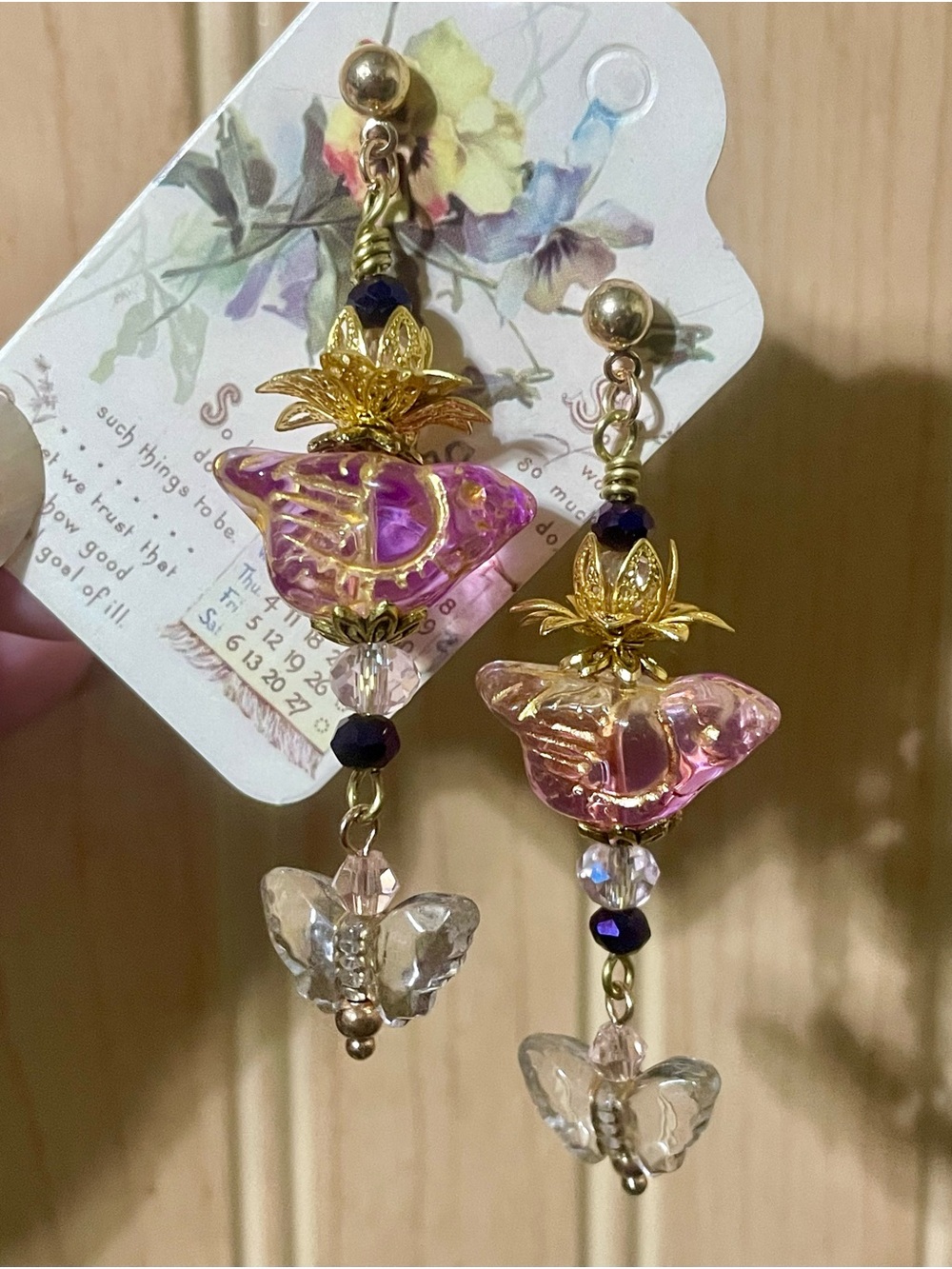 Pink Bird Crystal Butterfly Hand Crafted Earrings